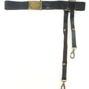 The Civil War Union Officer’s Sword Belt Rig with Eagle Plate is a black leather military belt featuring a decorative eagle brass buckle and two attached straps with metal hooks at the ends.