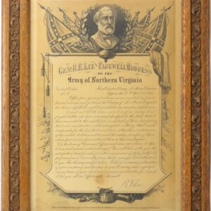 Framed document titled "General Robert E. Lee’s Farewell Address to the Army of Northern Virginia at Appomattox, General Order No. 9," featuring a portrait of Lee above the text and Confederate flags in the background.