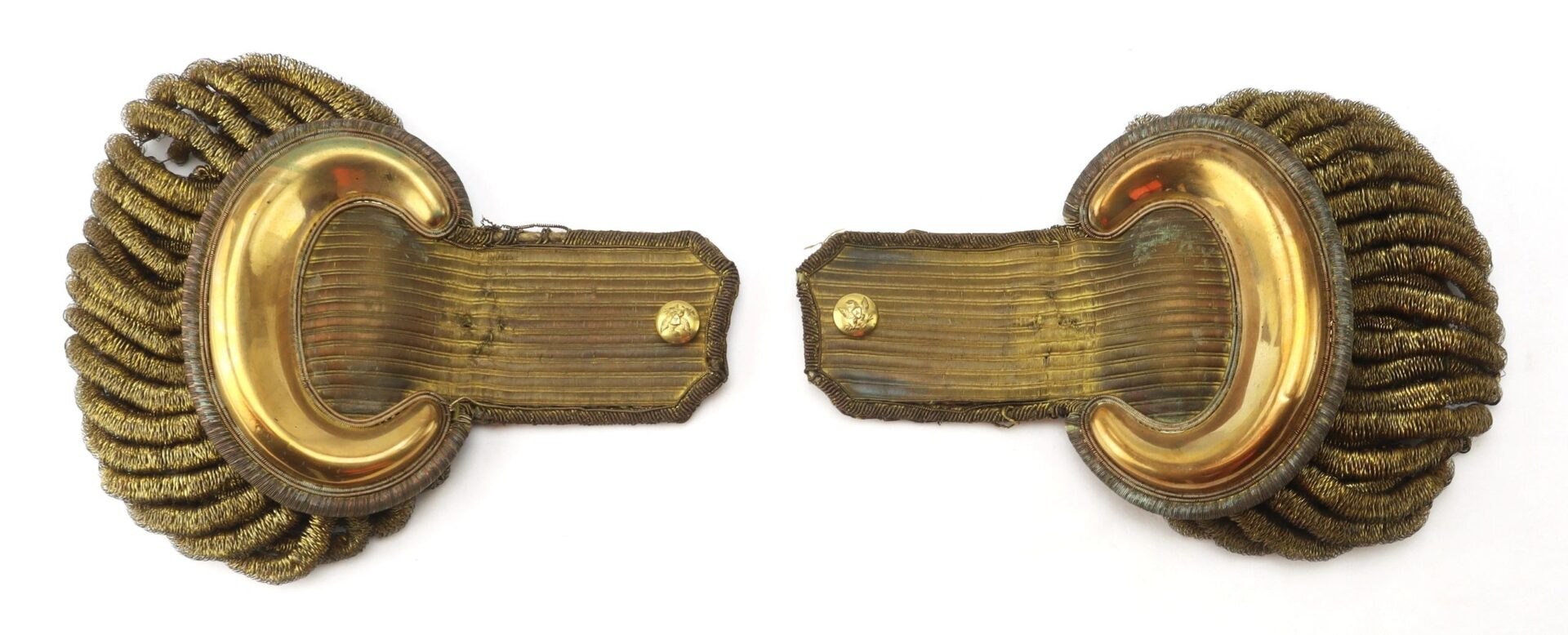 A pair of U.S. Officer’s Epaulettes featuring vintage gold braiding, fringe, and metal detailing are displayed side by side on a white background.