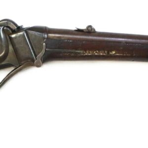 A Rare Model 1852 Sharps Carbine Serial #2260, .52 Caliber, with a wooden stock, brass mounts, and metal barrel is displayed against a white background.