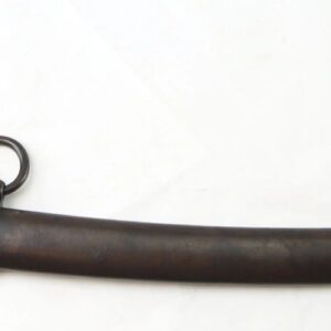 The 1846-Dated Ames Model 1840 Artillery Saber features a curved blade, brass hilt, black grip, and is sheathed in a dark metal scabbard with two suspension rings, displayed against a plain white background.