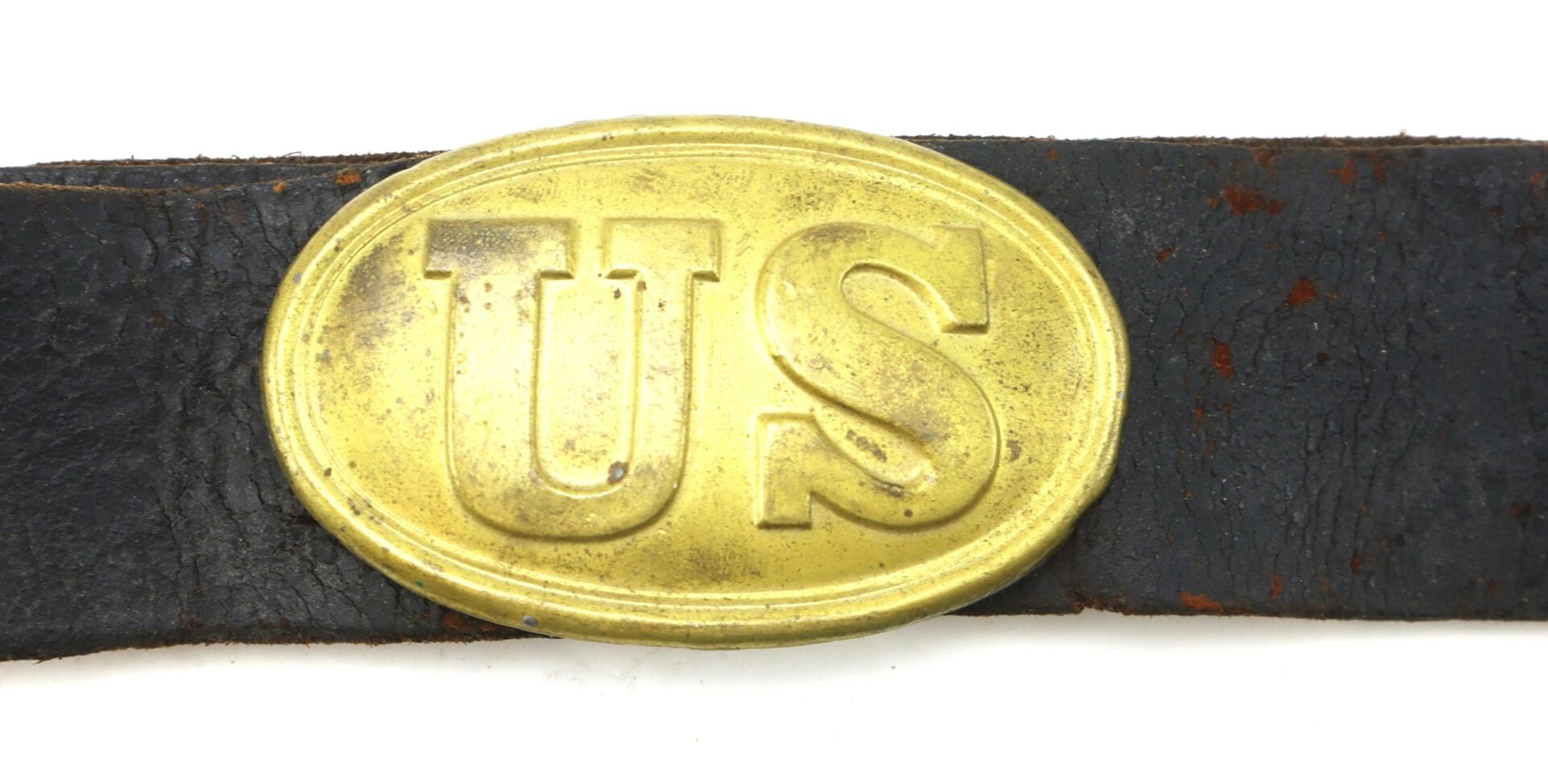 Original Civil War Union Enlisted Infantryman’s Belt featuring a brass “US” oval buckle on a worn black leather strap.