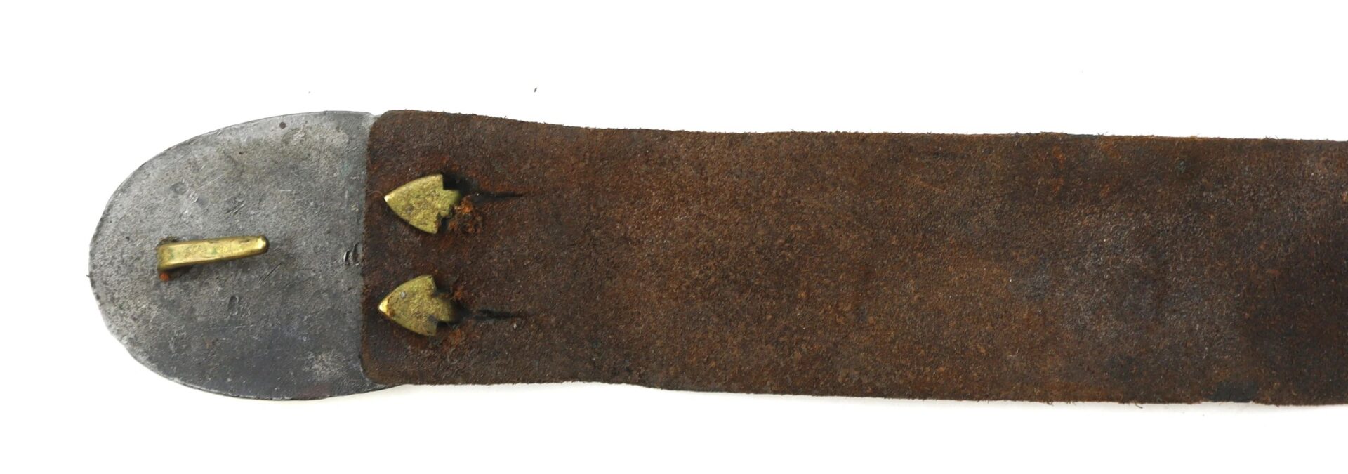 Close-up of the end of an Original Civil War Union Enlisted Infantryman’s Belt with a worn brown leather strap, metal tip, and two small brass fasteners.