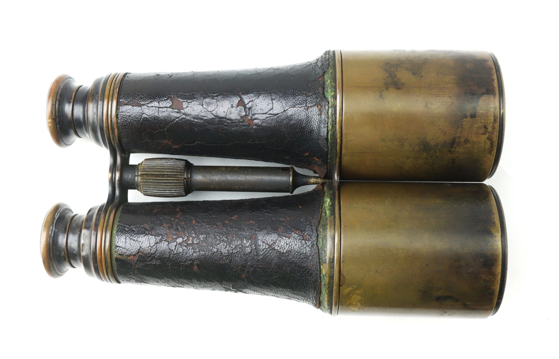 Bardou & Son Paris Binoculars with Case, vintage brass and black leather, show visible wear and patina, displayed side view on a white background.