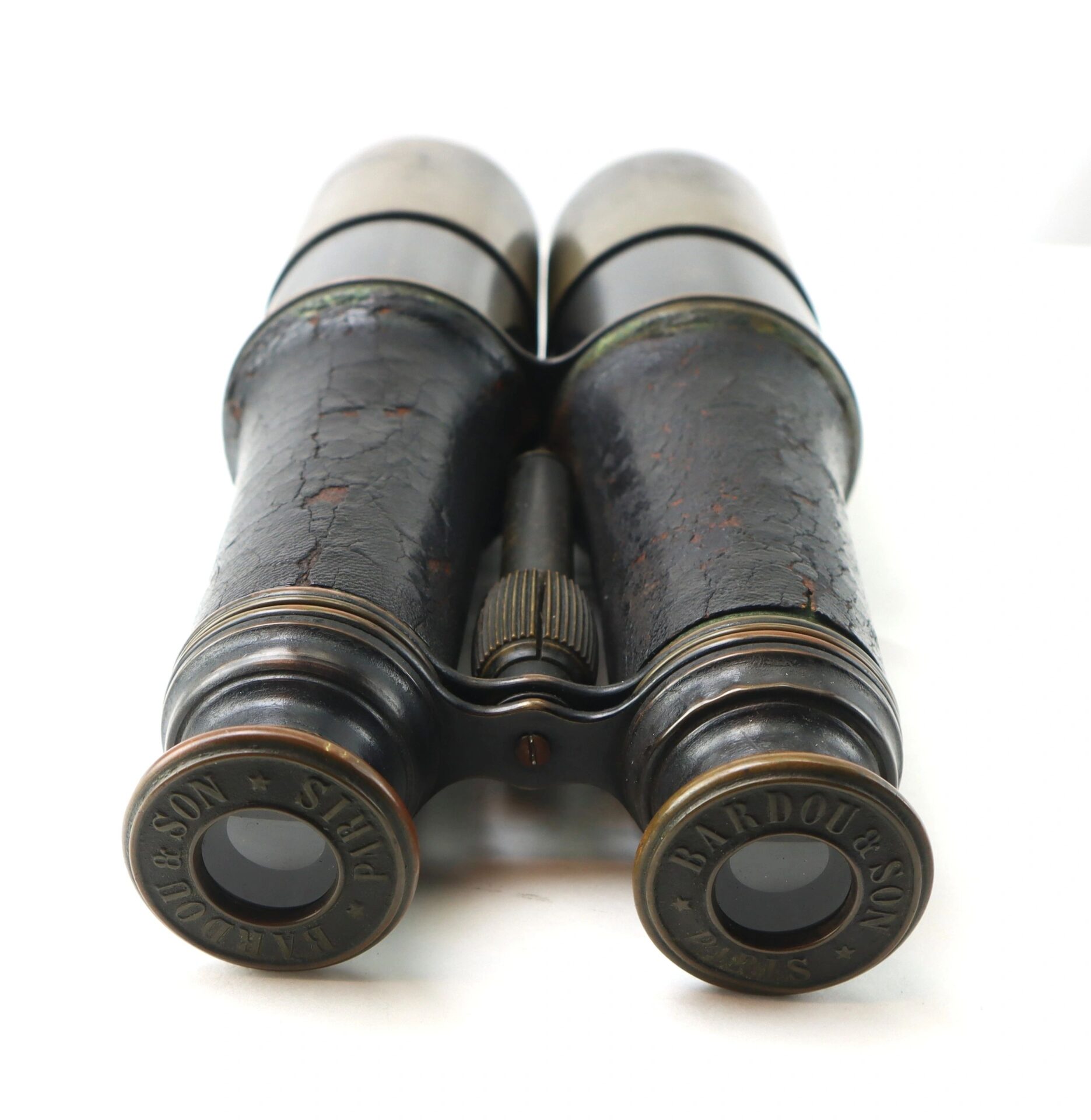 Close-up of Bardou & Son Paris Binoculars with Case featuring vintage brass and leather design, engraved with "Bardou & Son Paris" around the eyepieces.