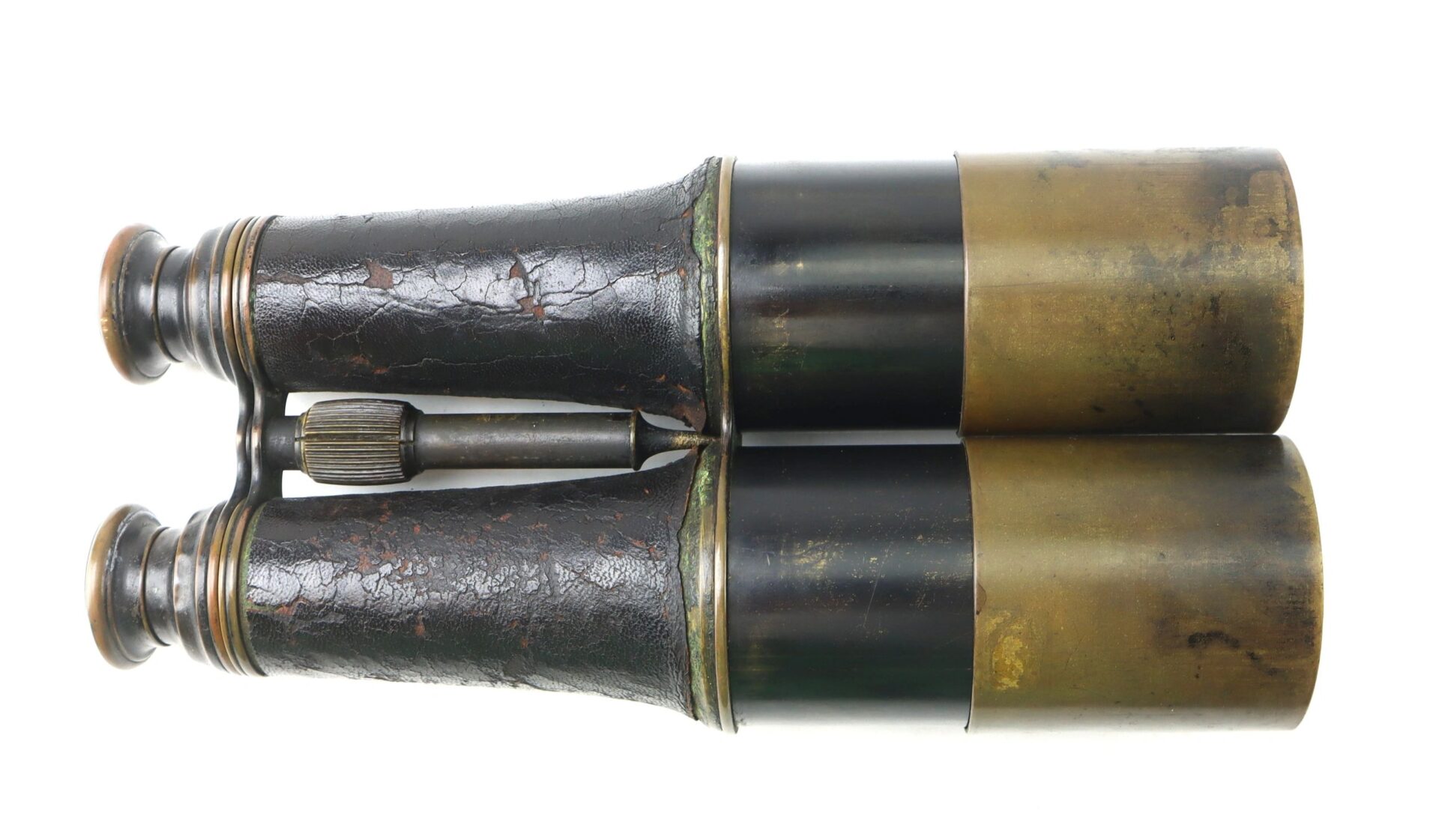 A pair of Bardou & Son Paris binoculars with case, featuring antique brass and leather with visible wear, viewed from above against a white background.