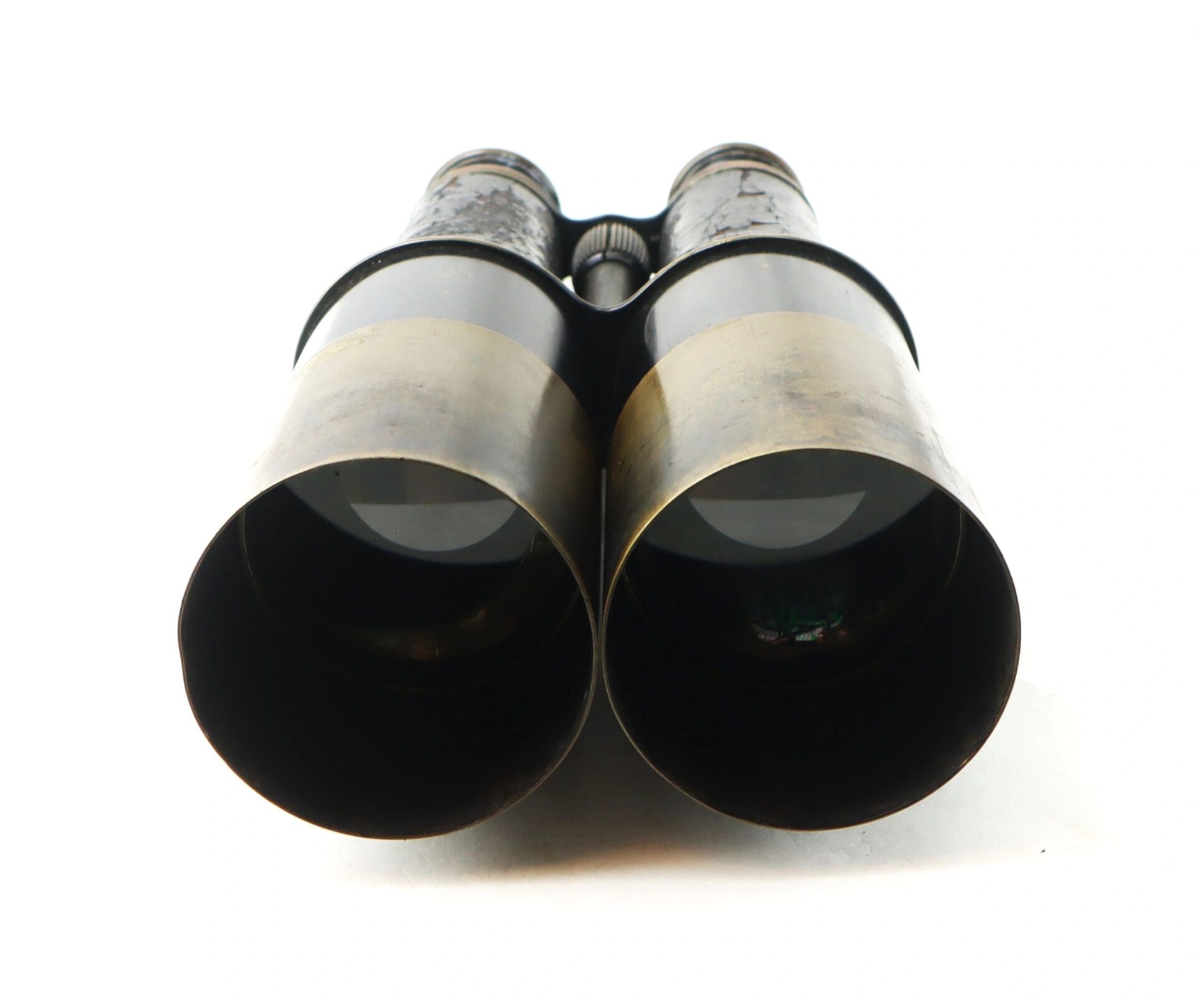 A pair of Bardou & Son Paris vintage metal binoculars with case, facing forward on a white background.