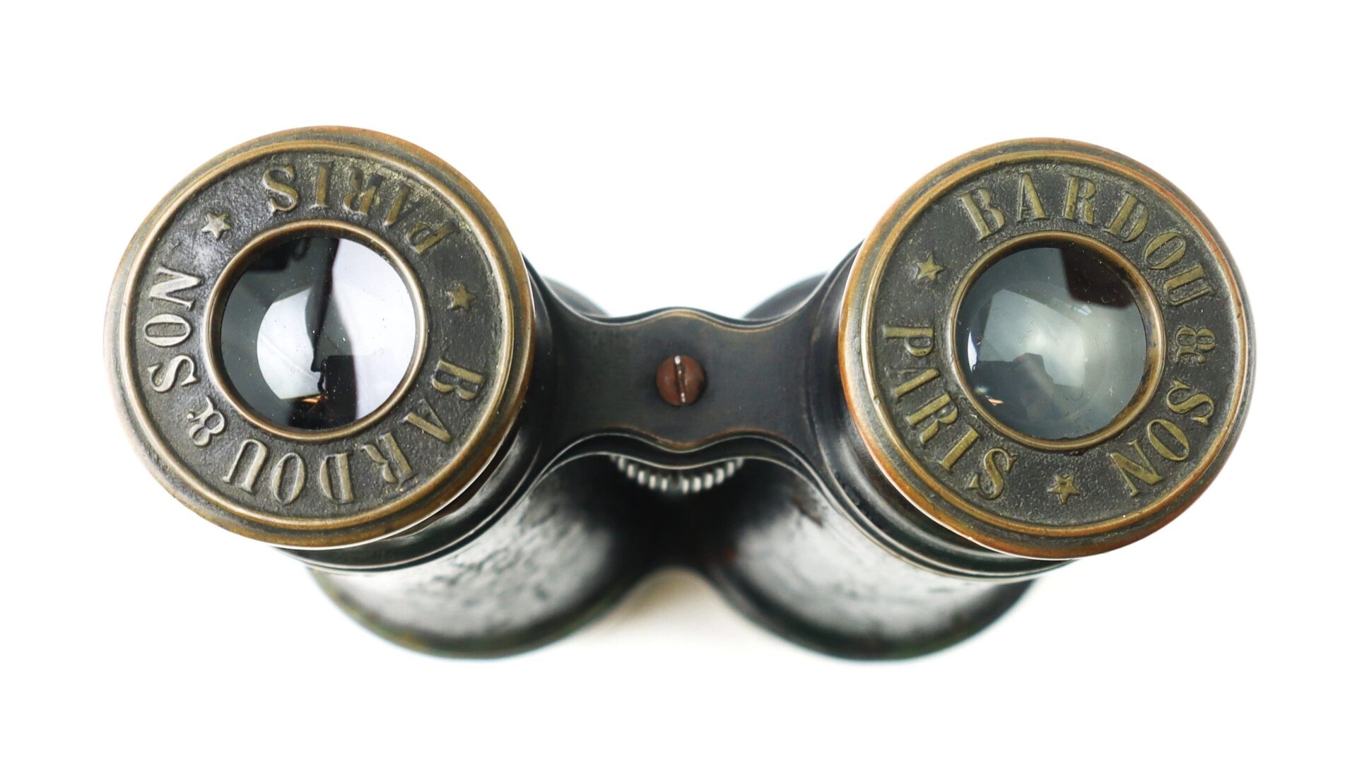 A close-up, top view of Bardou & Son Paris Binoculars with Case, showing the brand engraved around each eyepiece, isolated on a white background.
