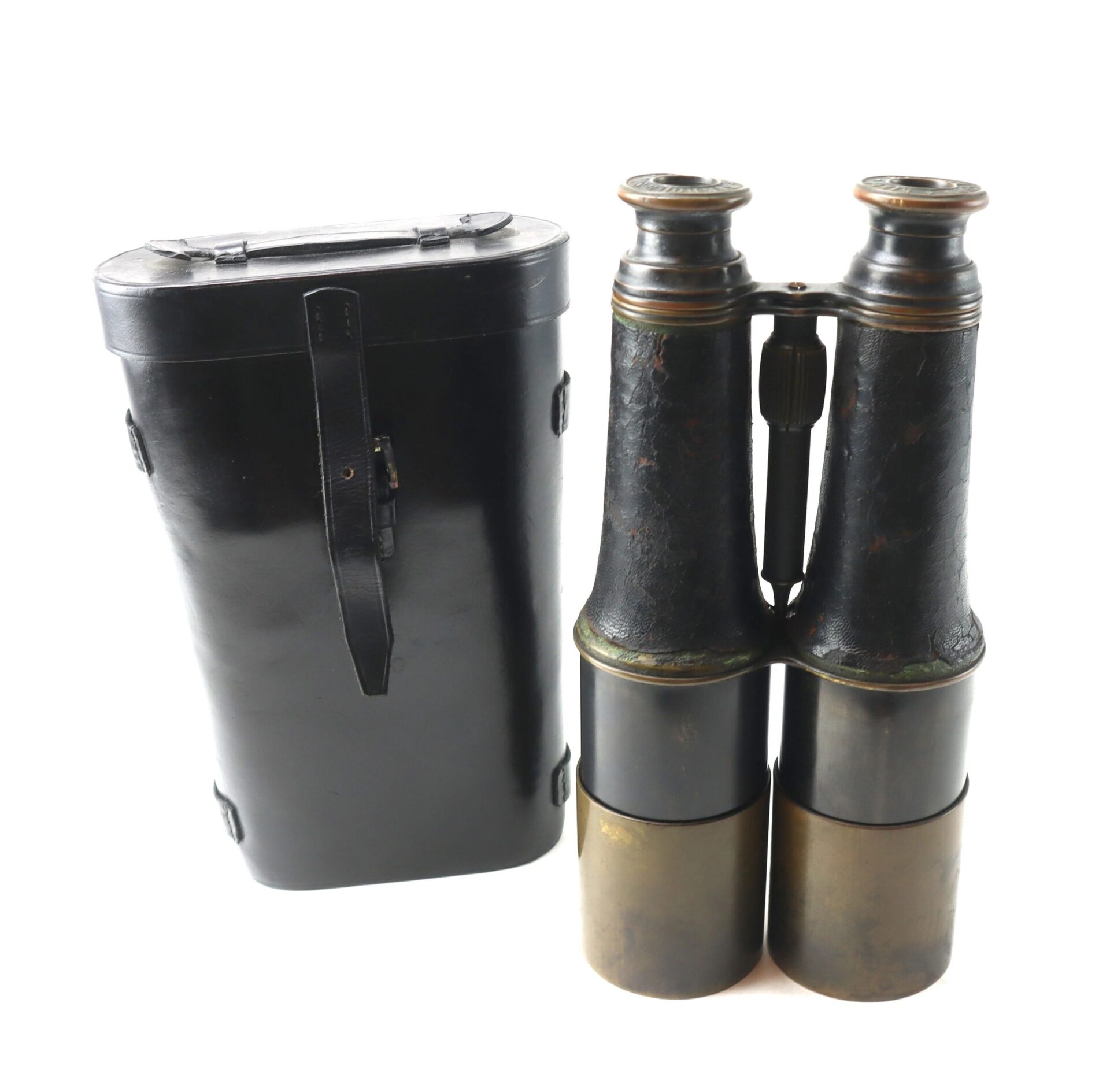 The Bardou & Son Paris Binoculars with brass accents stand upright beside a black leather case on a white background.