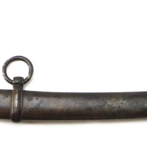 The Ames Model 1840 Artillery Saber – Dated 1863 / SOLD features a curved blade, brass guard, textured grip, and comes sheathed in a dark metal scabbard with two suspension rings and a numbered tag attached.