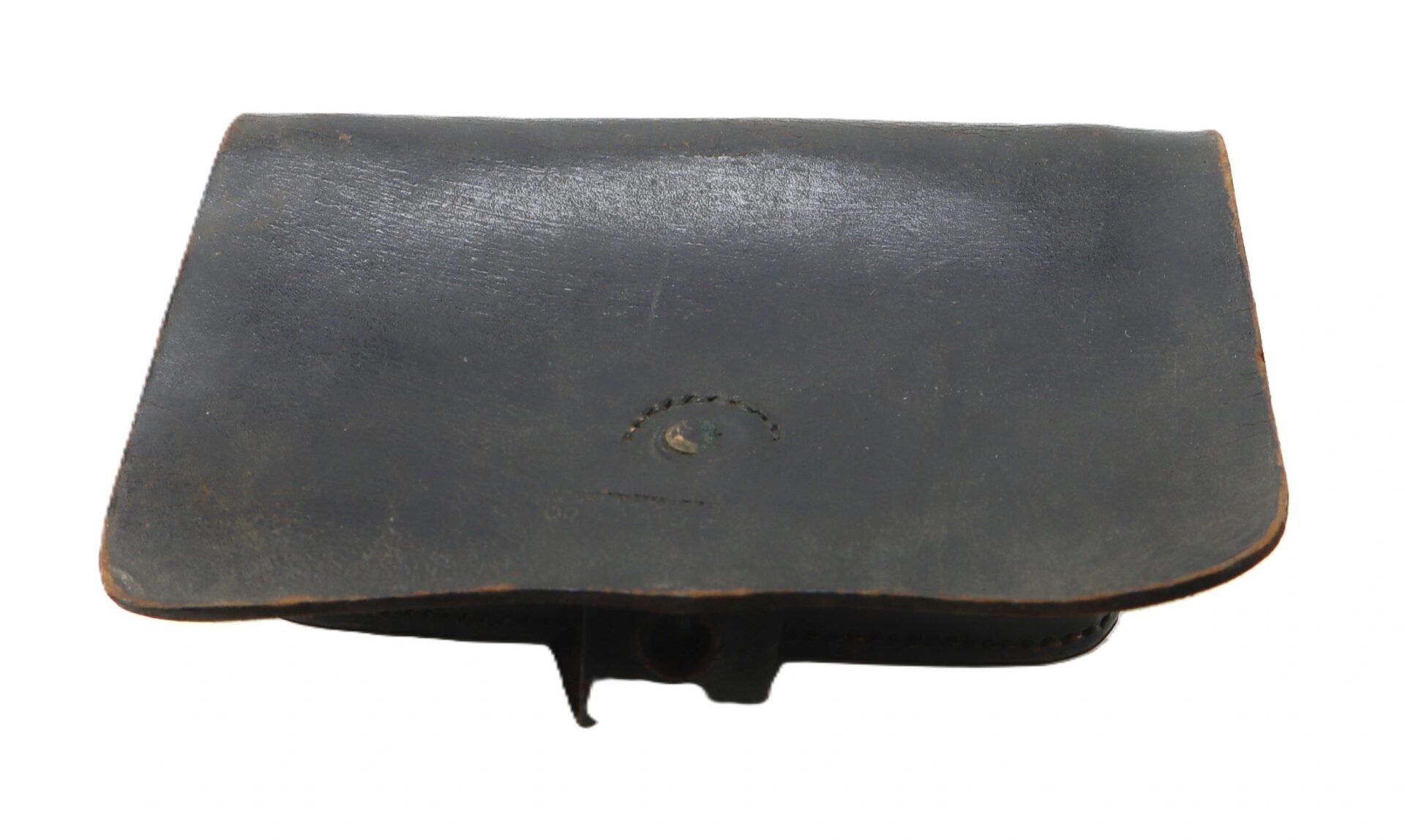 A closed, worn black leather Civil War Pistol Cartridge Box marked J. Davy & Co., with a flap and visible stitching, is shown on a white background.