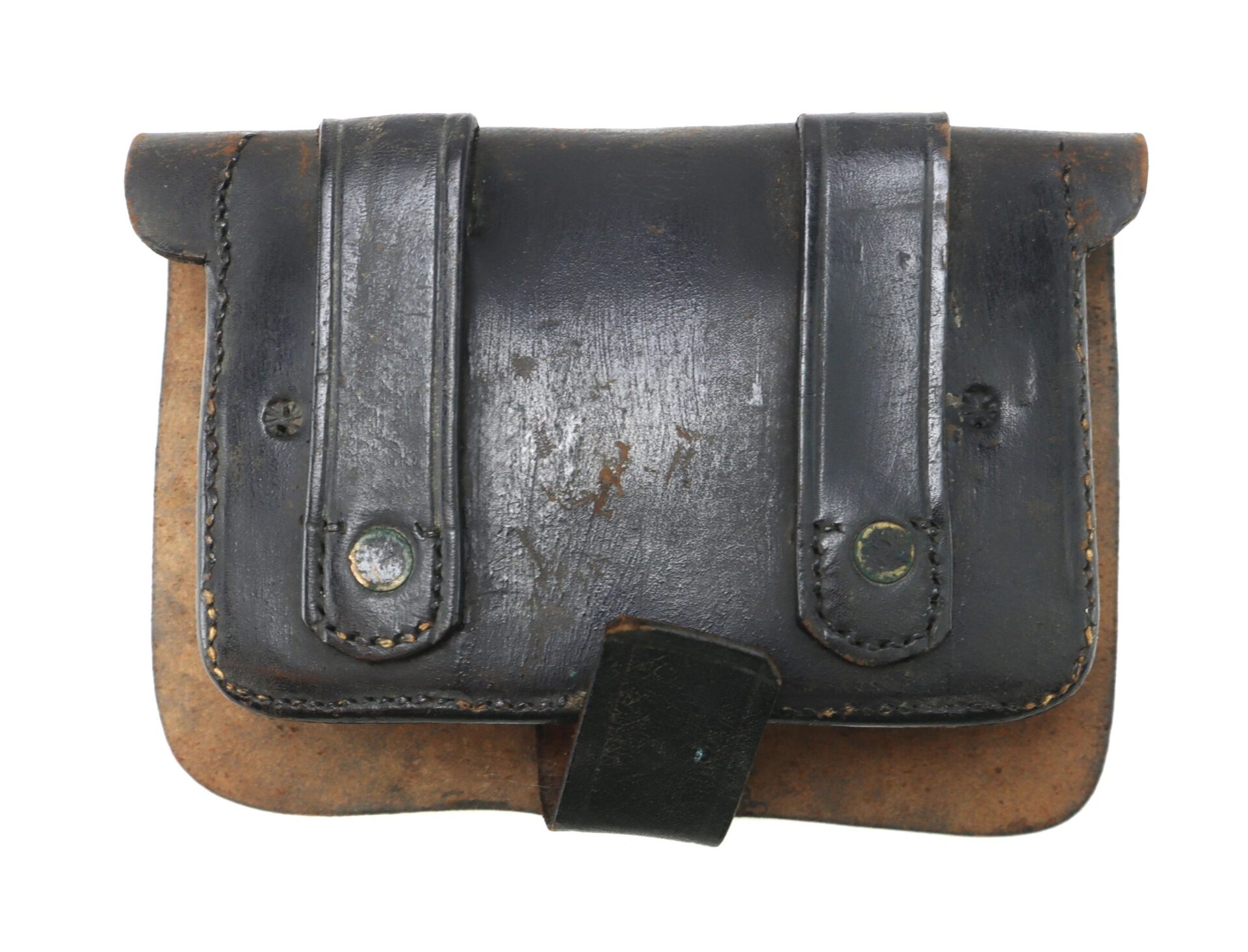 A Civil War Pistol Cartridge Box marked J. Davy & Co.—a worn black leather pouch with two belt loops, visible stitching, and a fastening strap—photographed against a white background.