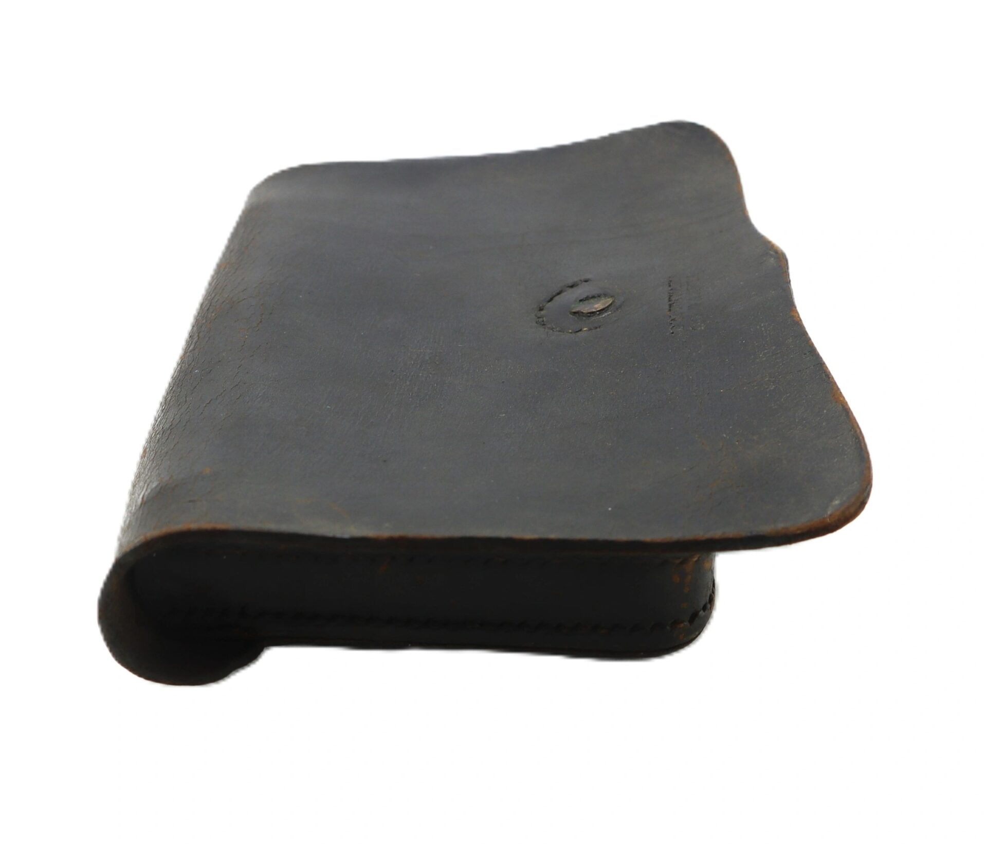 A closed Civil War Pistol Cartridge Box marked J. Davy & Co., featuring brown leather with a simple stitched design, photographed against a white background.