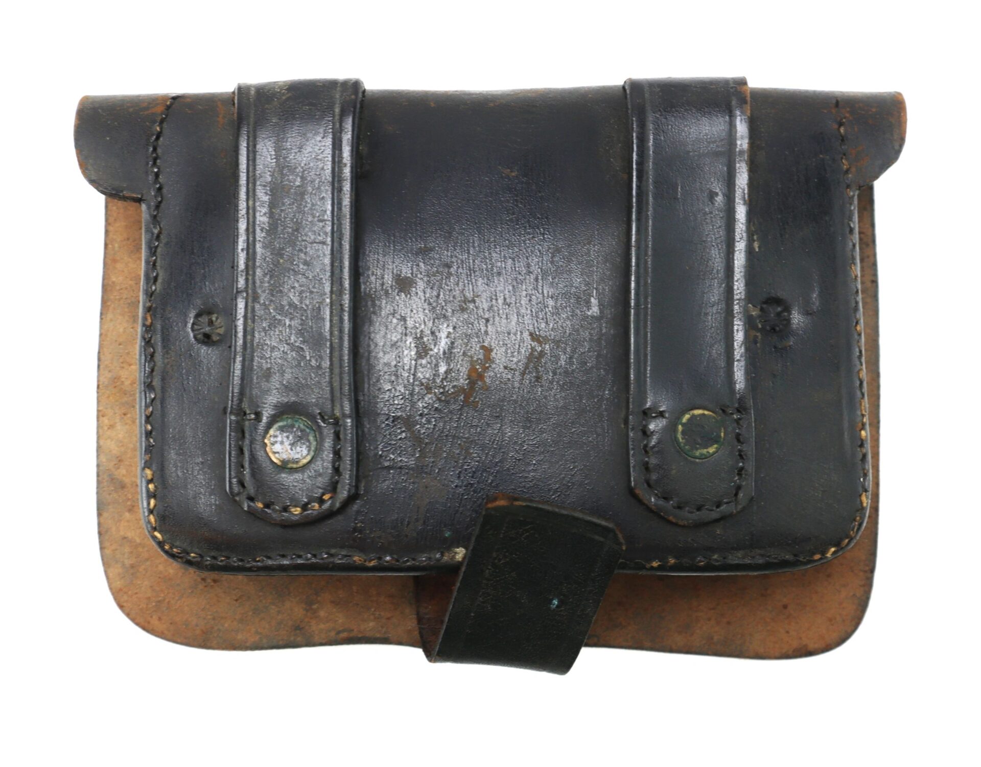 A worn black leather Civil War Pistol Cartridge Box by J. Davy & Co., featuring two vertical straps and a flap closure, shows notable signs of age and use.