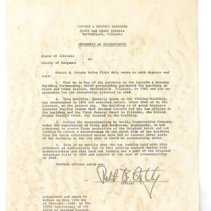 A notarized, typed 1969 affidavit of authenticity is displayed beneath a small, light oak fragment from the Lincoln-Herndon Law Office lathing.