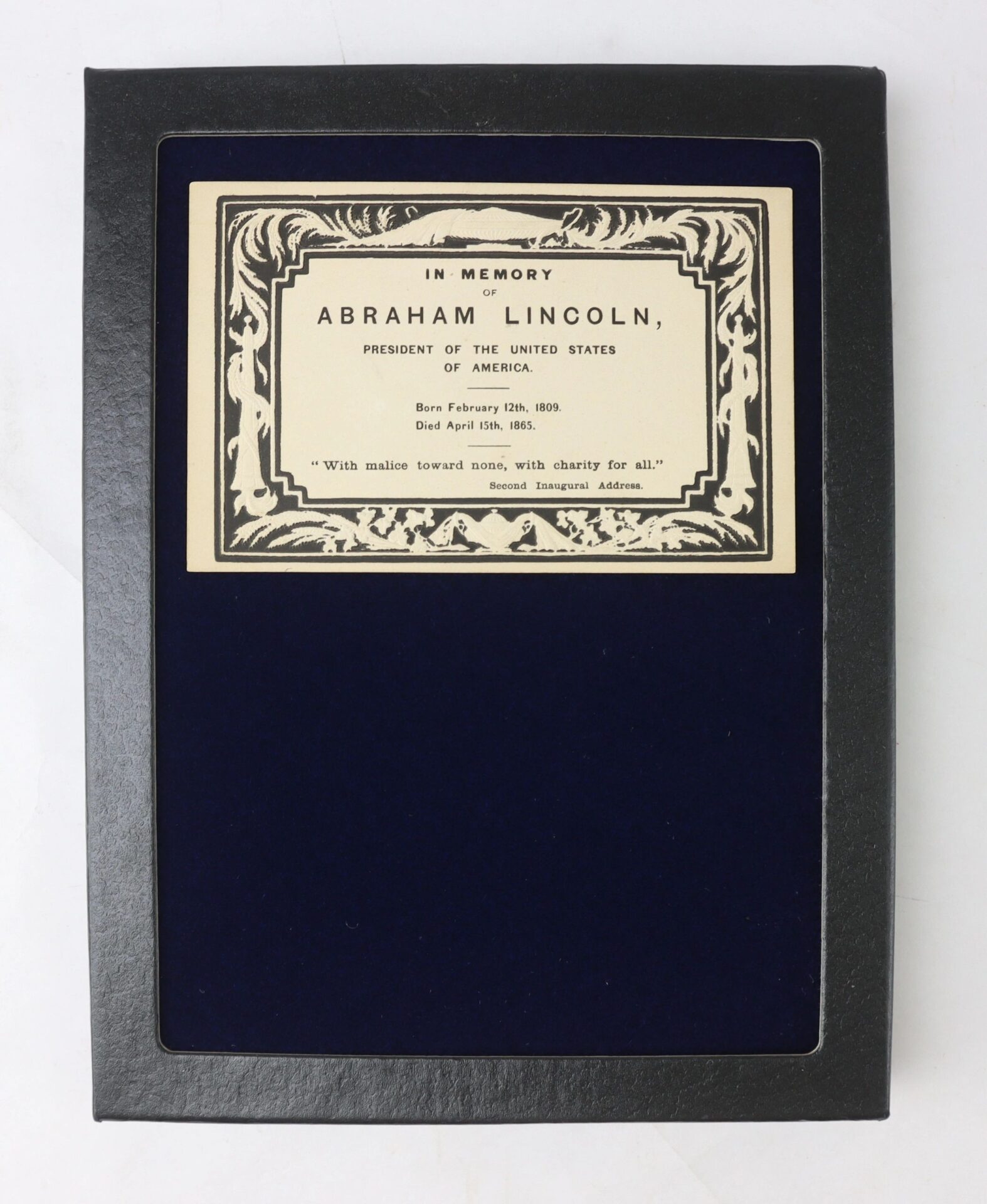 The Abraham Lincoln Funeral Card features his birth and death dates with the quote: "With malice toward none, with charity for all.