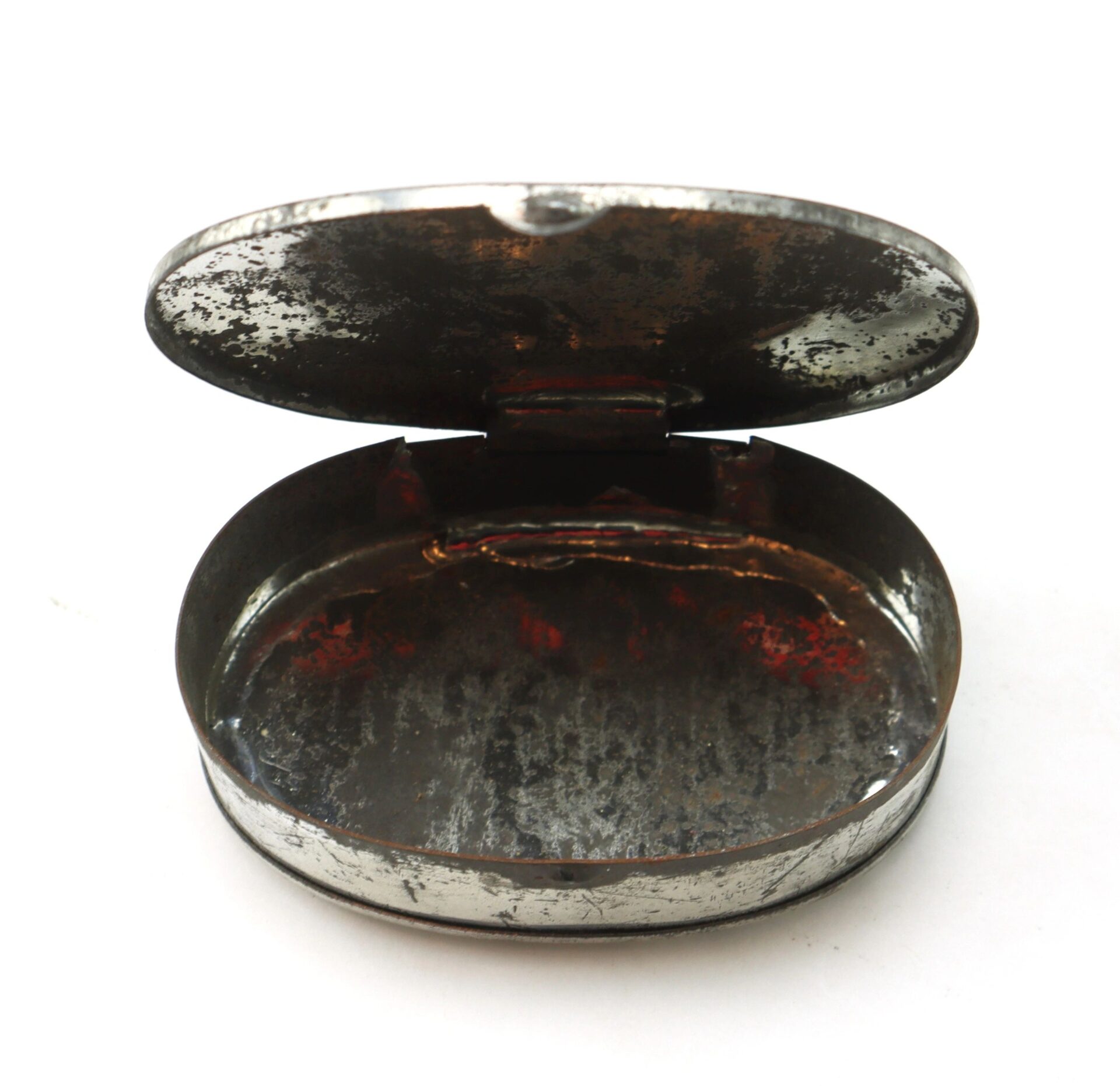 A boxed set of 5 Parker Patent Tobacco Snuff Boxes, “New Old Stock,” each in metal with hinged lids and oval shapes, shown open and empty, interiors pristine in original packaging.