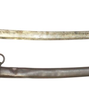 A vintage cavalry saber with a curved blade and protective hilt, displayed above its metal scabbard with two mounting rings.