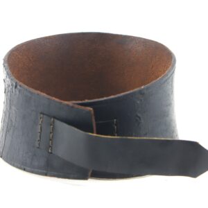 A Leather Neck Stock in black leather with visible stitching, shown unbuckled and standing upright on a white background.