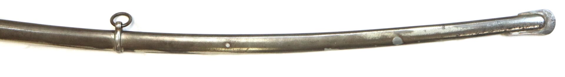 Curved metal sword scabbard with a suspension ring and a slightly worn surface, photographed against a white background.