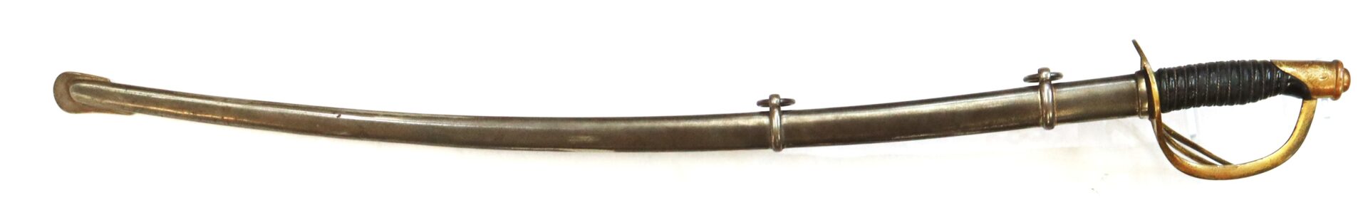 A curved sword in a metal scabbard with a brass hilt and handguard, featuring a wrapped grip and two rings for suspension.