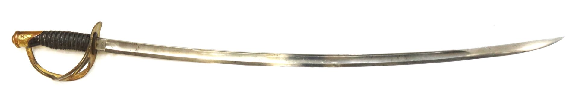 A single-edged, curved sword with a metal guard and a wrapped handle, resembling a traditional cavalry saber, is displayed against a white background.