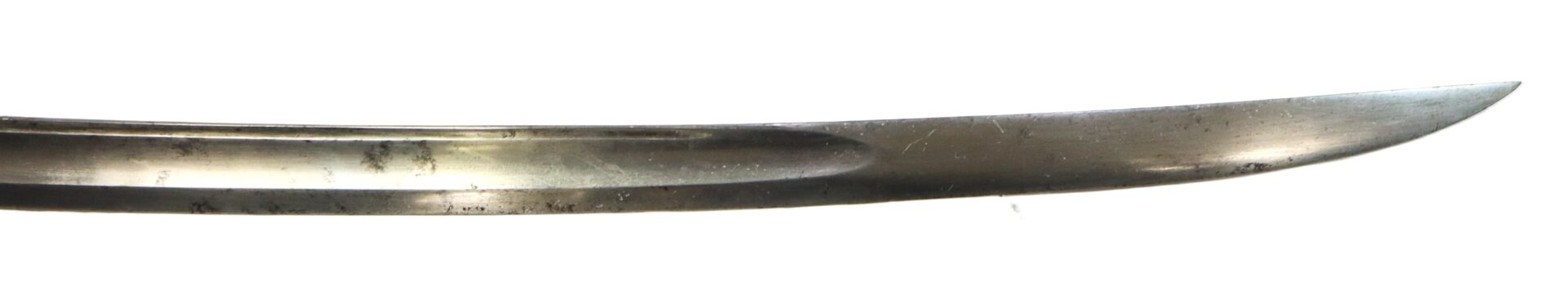 Close-up view of a slightly curved, metal sword blade with a fuller and a sharpened edge, shown against a white background.