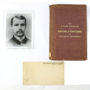 A sepia portrait of a man, a brown hardcover book titled "The Rebel Invasion of Maryland & Pennsylvania and Battle of Gettysburg," and an old envelope are displayed on a white background.
