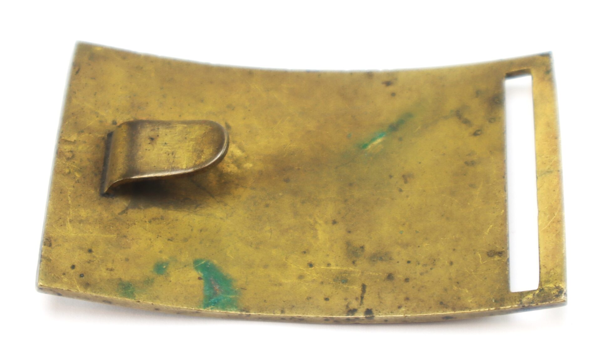 Rectangular, tarnished brass belt buckle with a fixed loop on the left and a rectangular slot on the right.