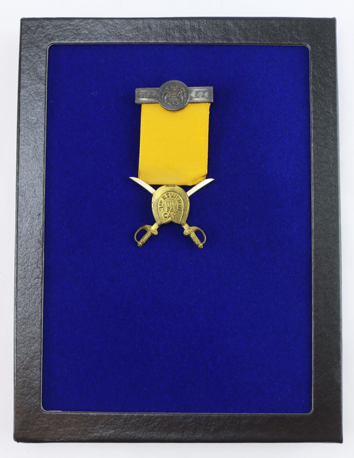 A gold medal with two crossed swords and a yellow ribbon is mounted on a blue velvet background in a black frame.