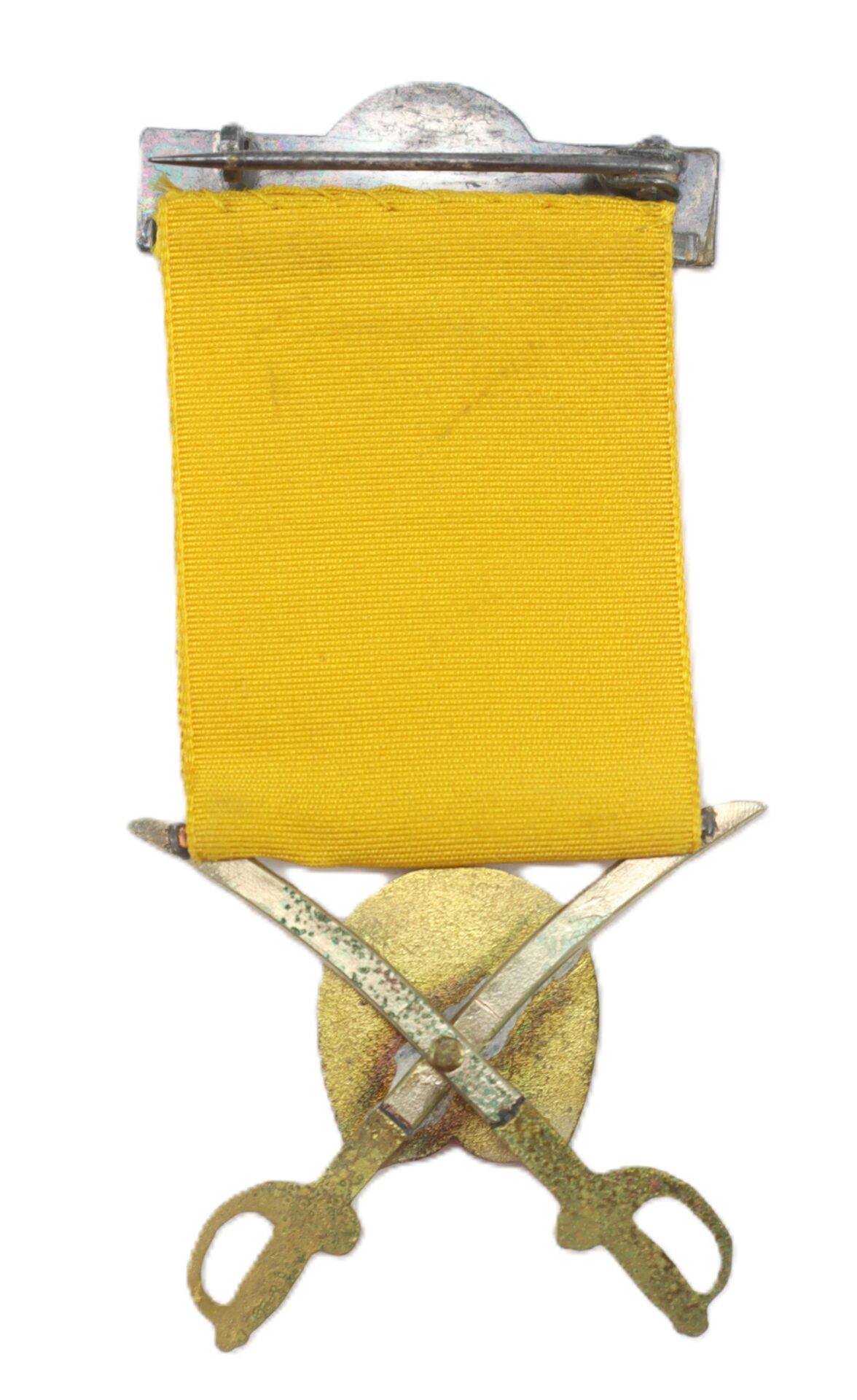 Military medal with a yellow ribbon, two crossed swords, and a metal clasp at the top.