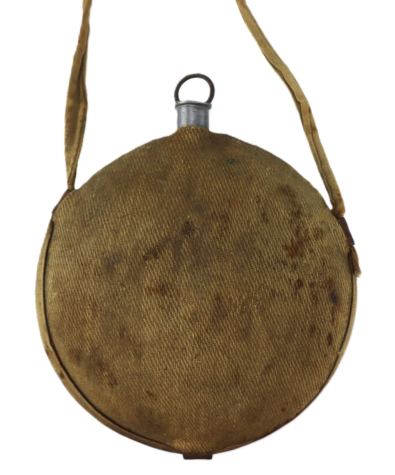 A round, vintage canteen with a fabric cover and a carrying strap, featuring a metal cap at the top.