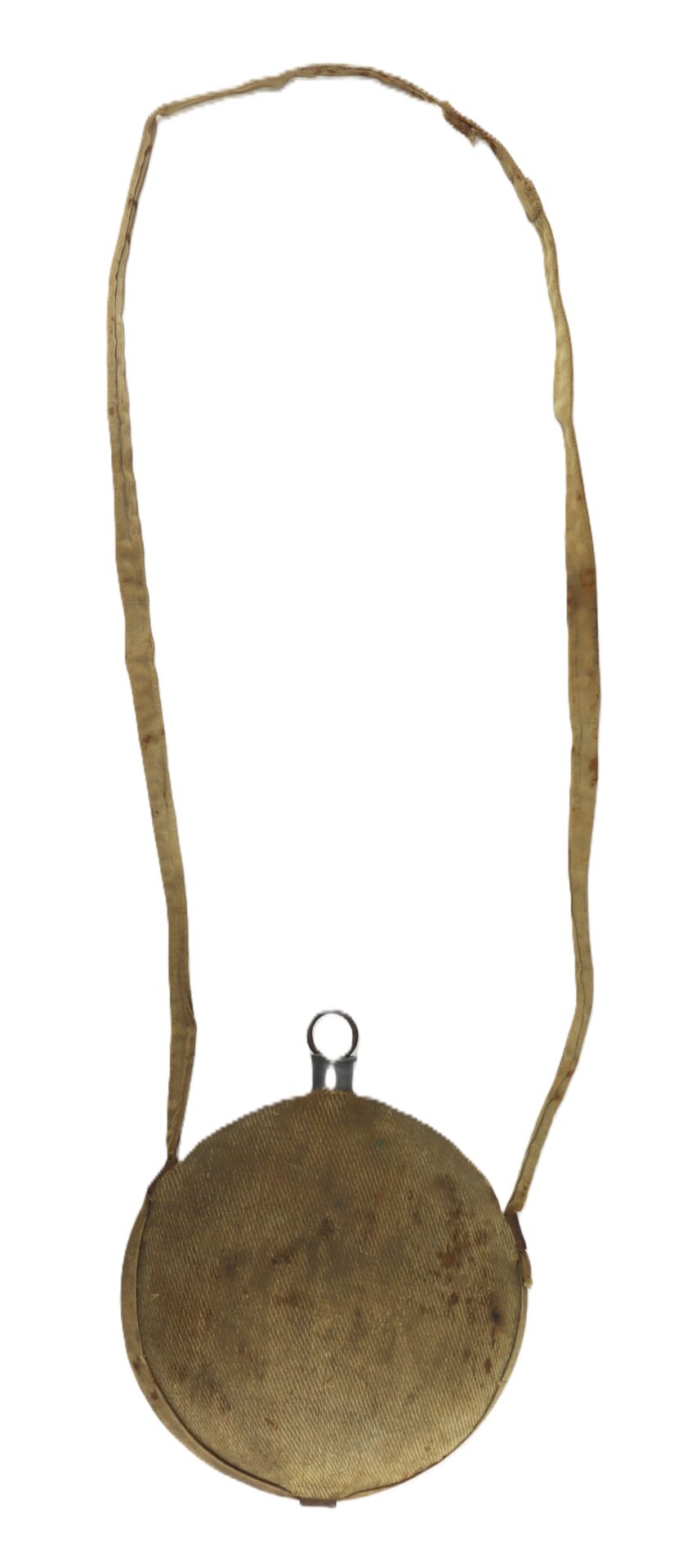 A round, flat, fabric-covered canteen with a metal cap and an attached fabric shoulder strap.