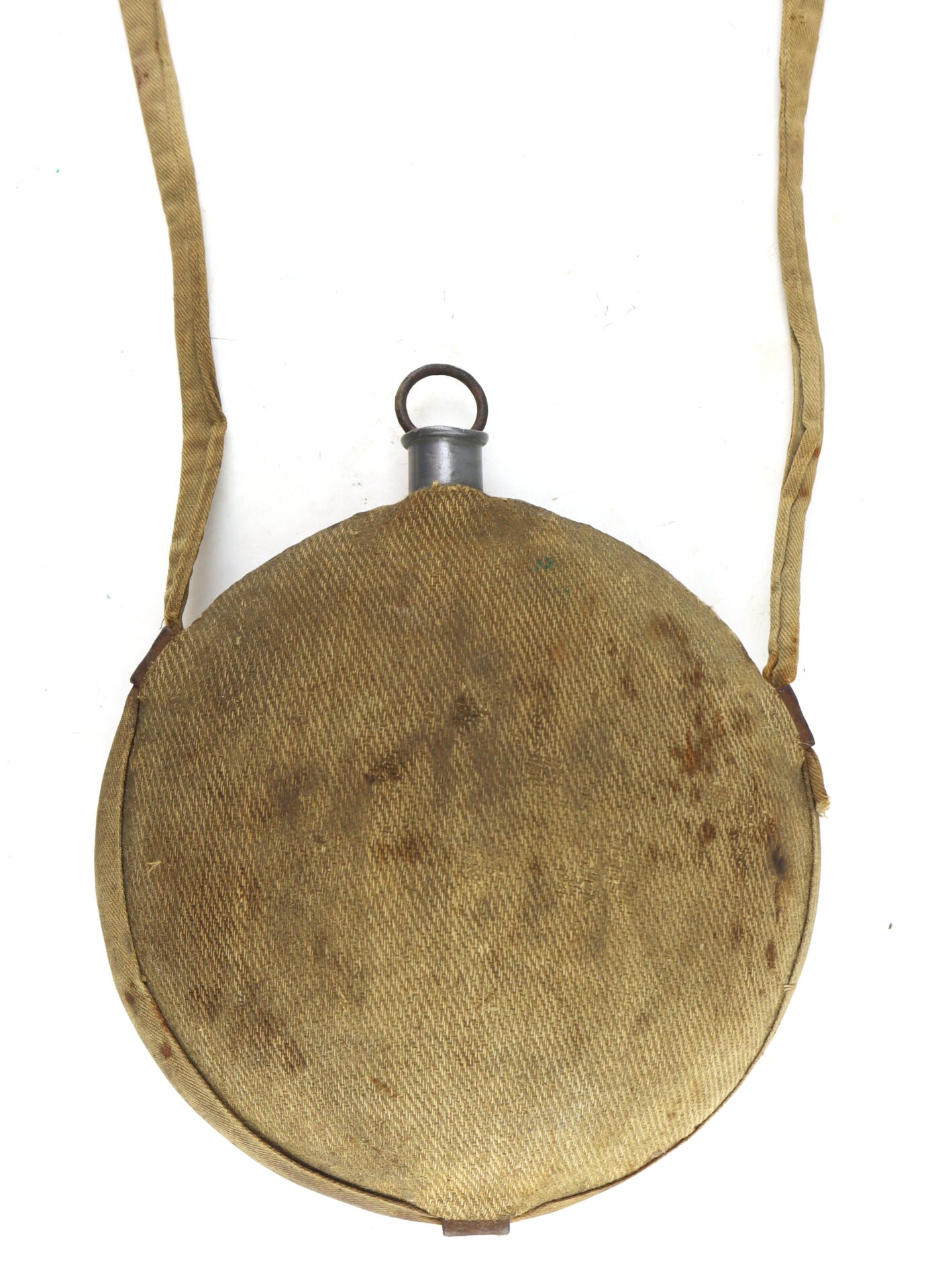A round, canvas-covered canteen with a metal cap and two fabric shoulder straps, shown against a white background.