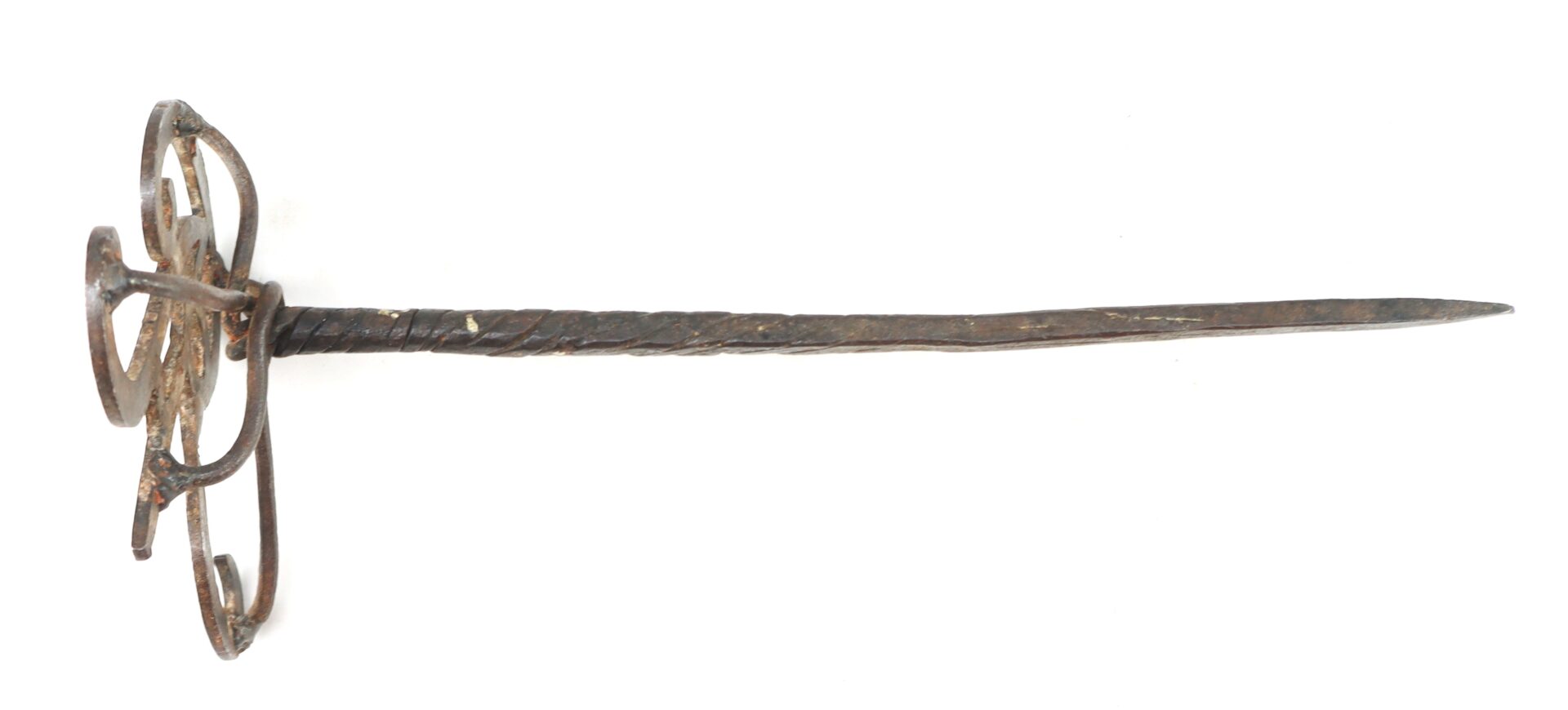 A long, narrow metal spike with a twisted shaft and an ornate, looped guard at one end, resembling a historical fencing rapier.