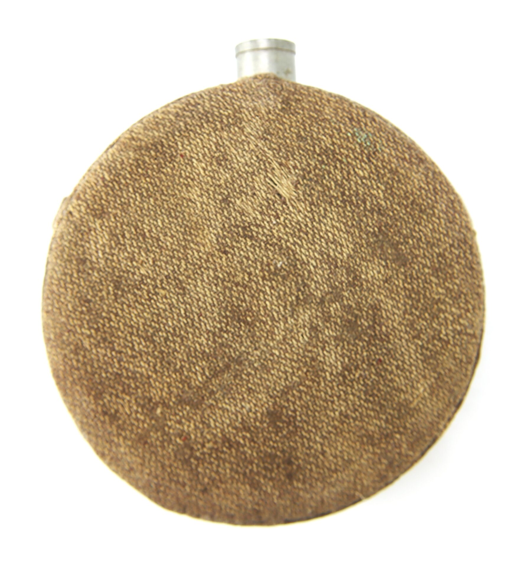 A round, fabric-covered metal canteen with a short neck, shown against a white background.
