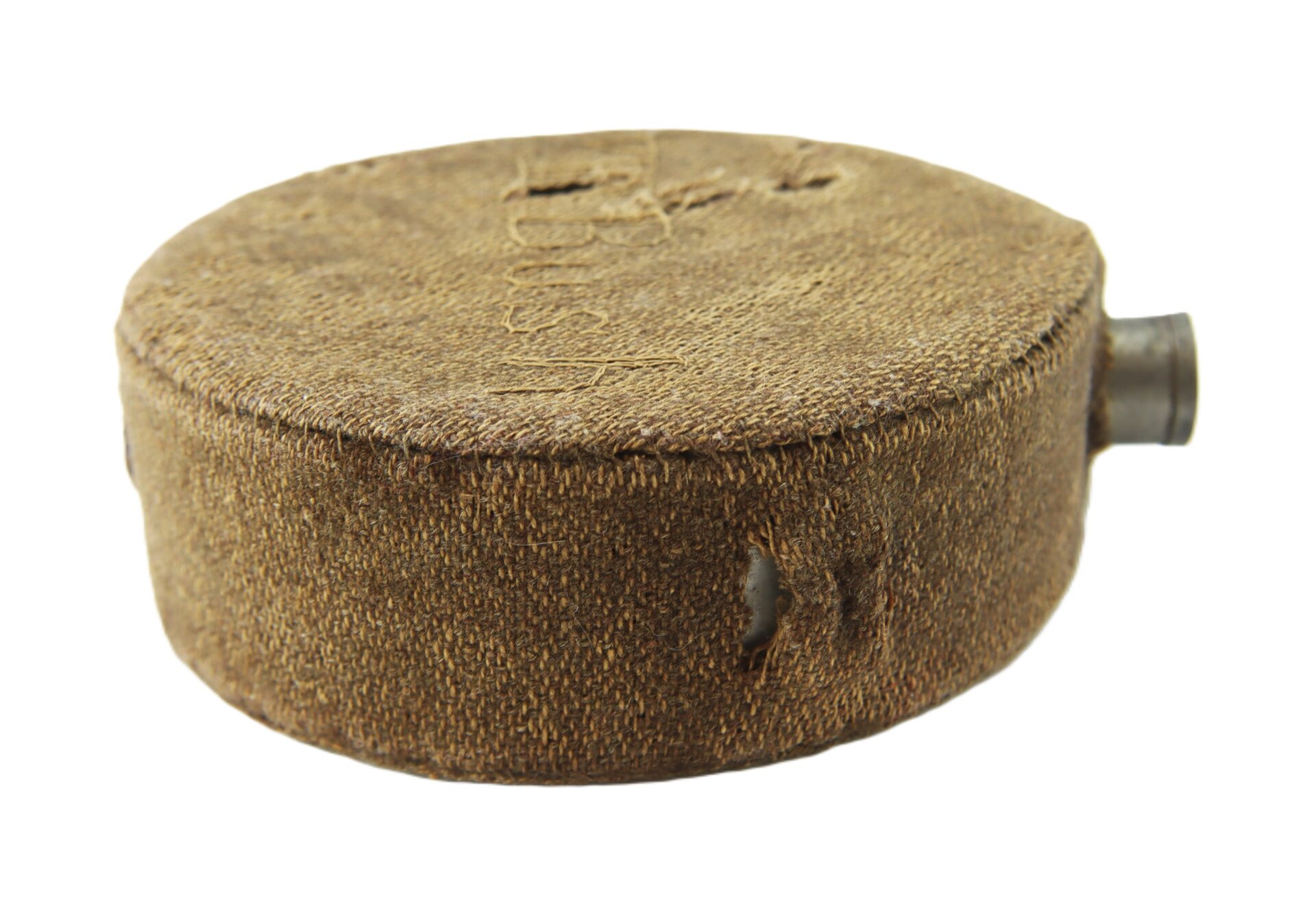 A round, vintage military canteen covered in brown fabric with a metal spout on the side and visible stitched detailing.