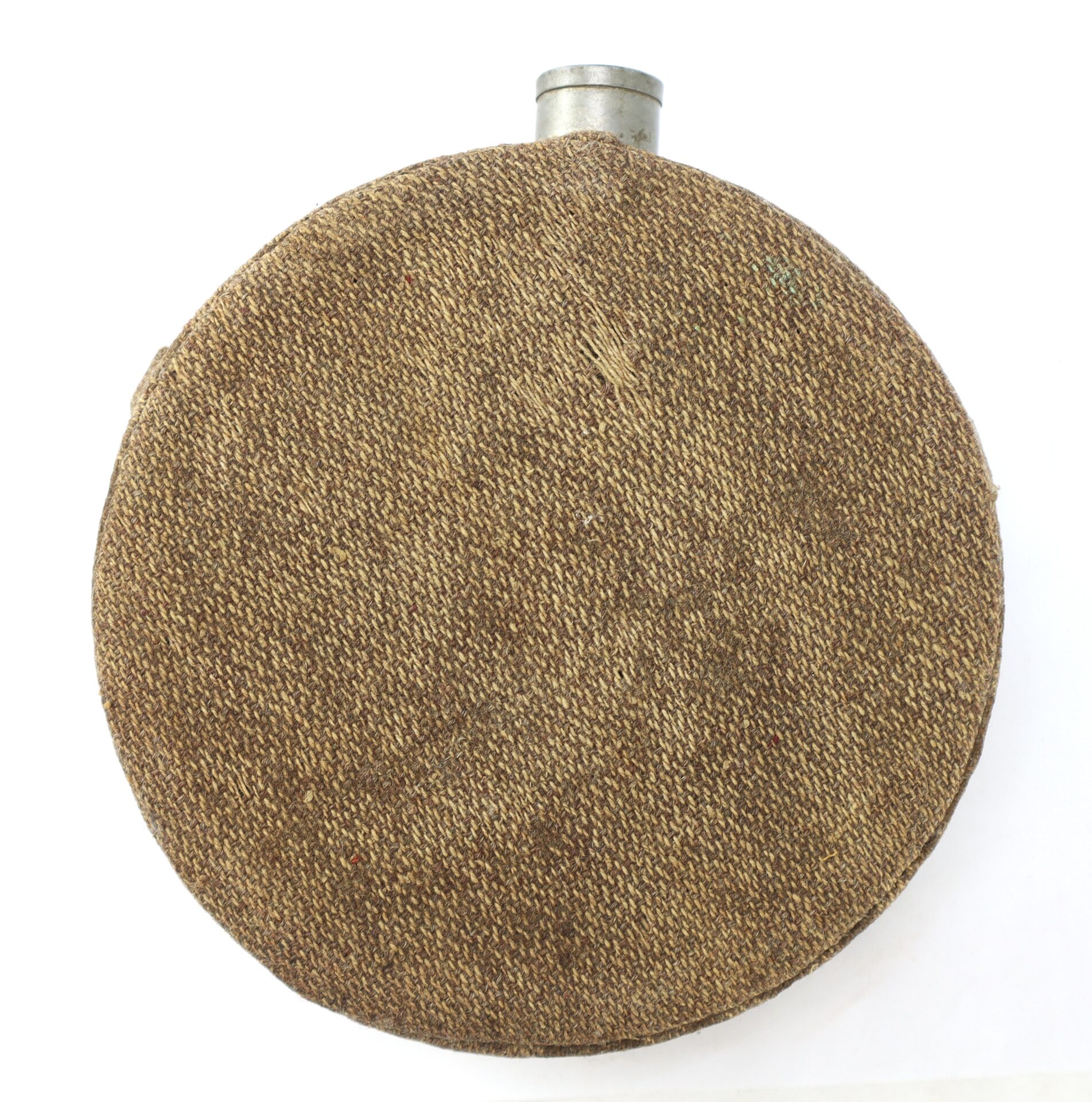 A round, fabric-covered canteen with a metal cap, photographed against a white background.