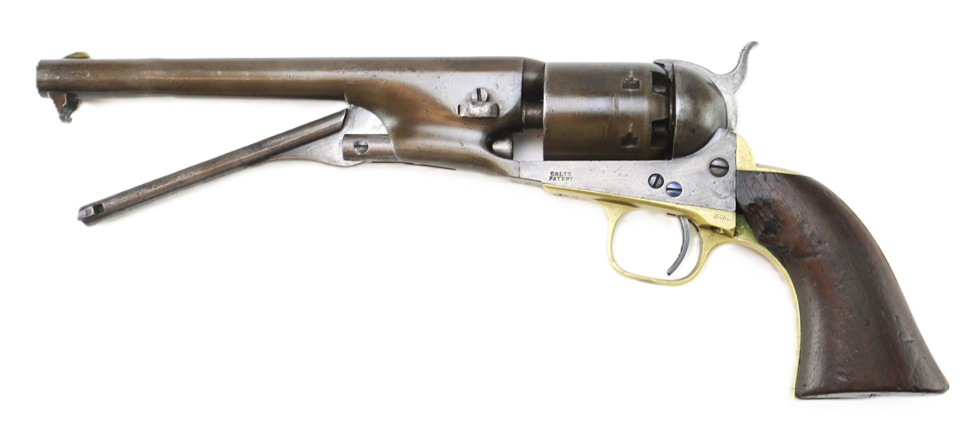 A vintage, metal and wood black powder revolver with a long barrel and an open loading lever, shown in a side profile view.