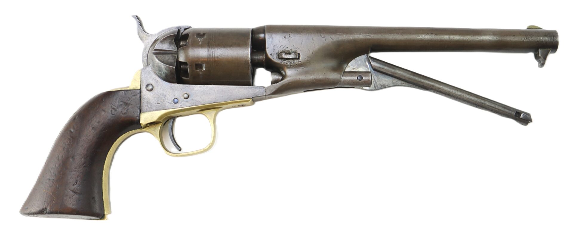 A vintage revolver with a wooden grip, brass trigger guard, and an extended loading lever beneath the barrel.