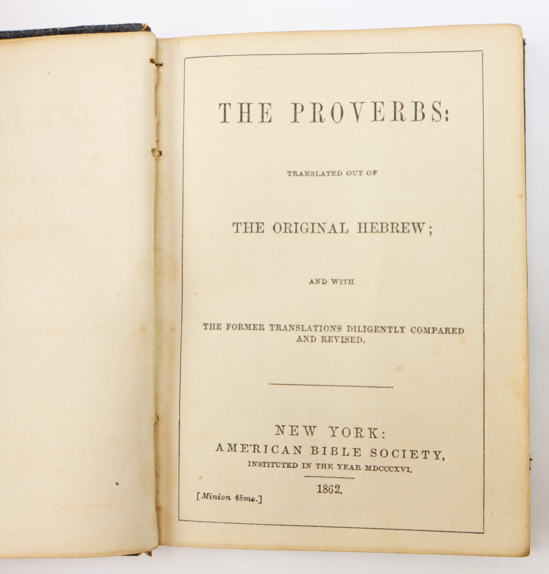 Title page of a book titled "The Proverbs," translated from Hebrew, published by the American Bible Society in 1862 in New York.