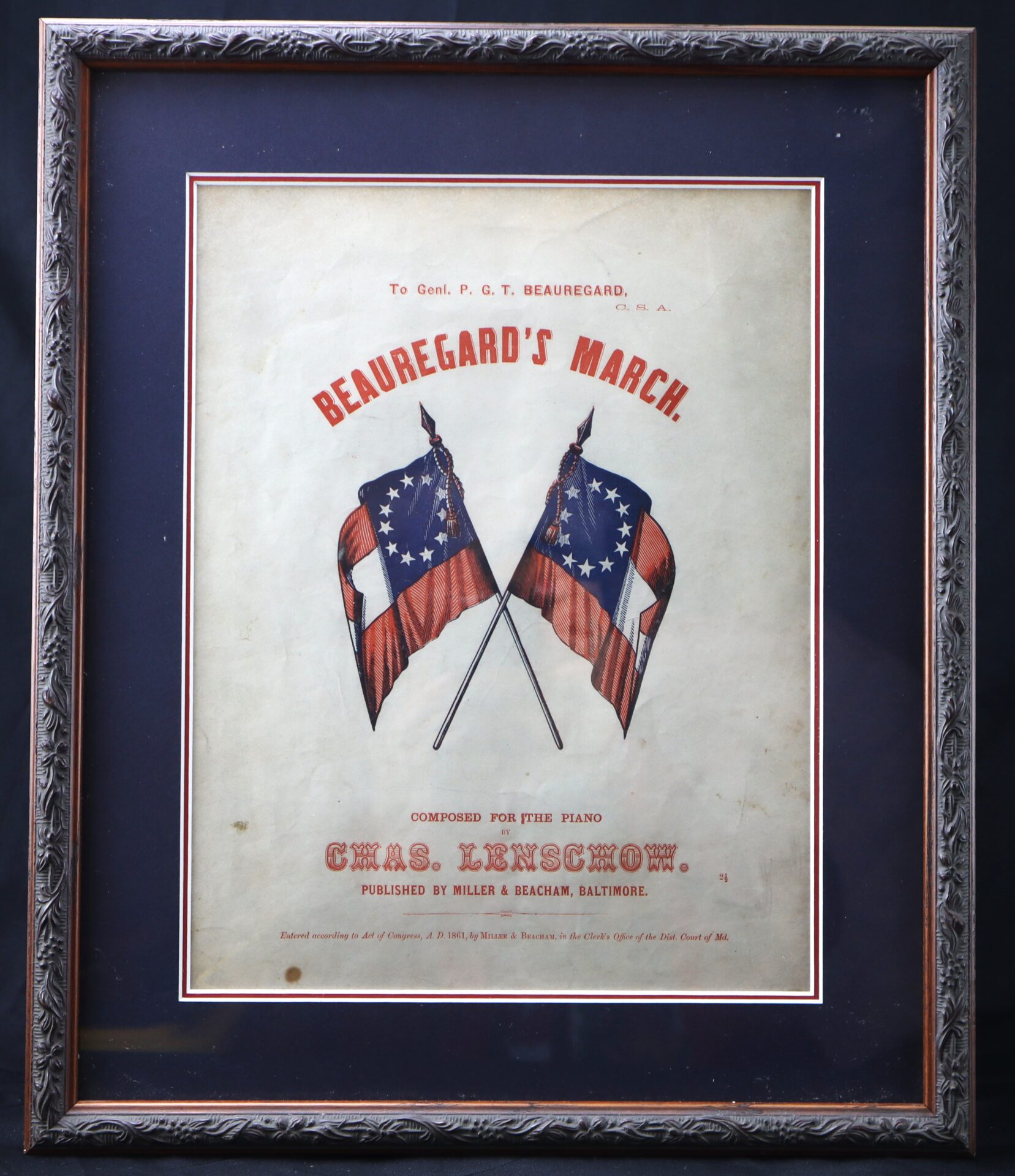 Framed sheet music cover titled "Beauregard's March," featuring two crossed Confederate flags and text crediting composer Chas. Lenschow.