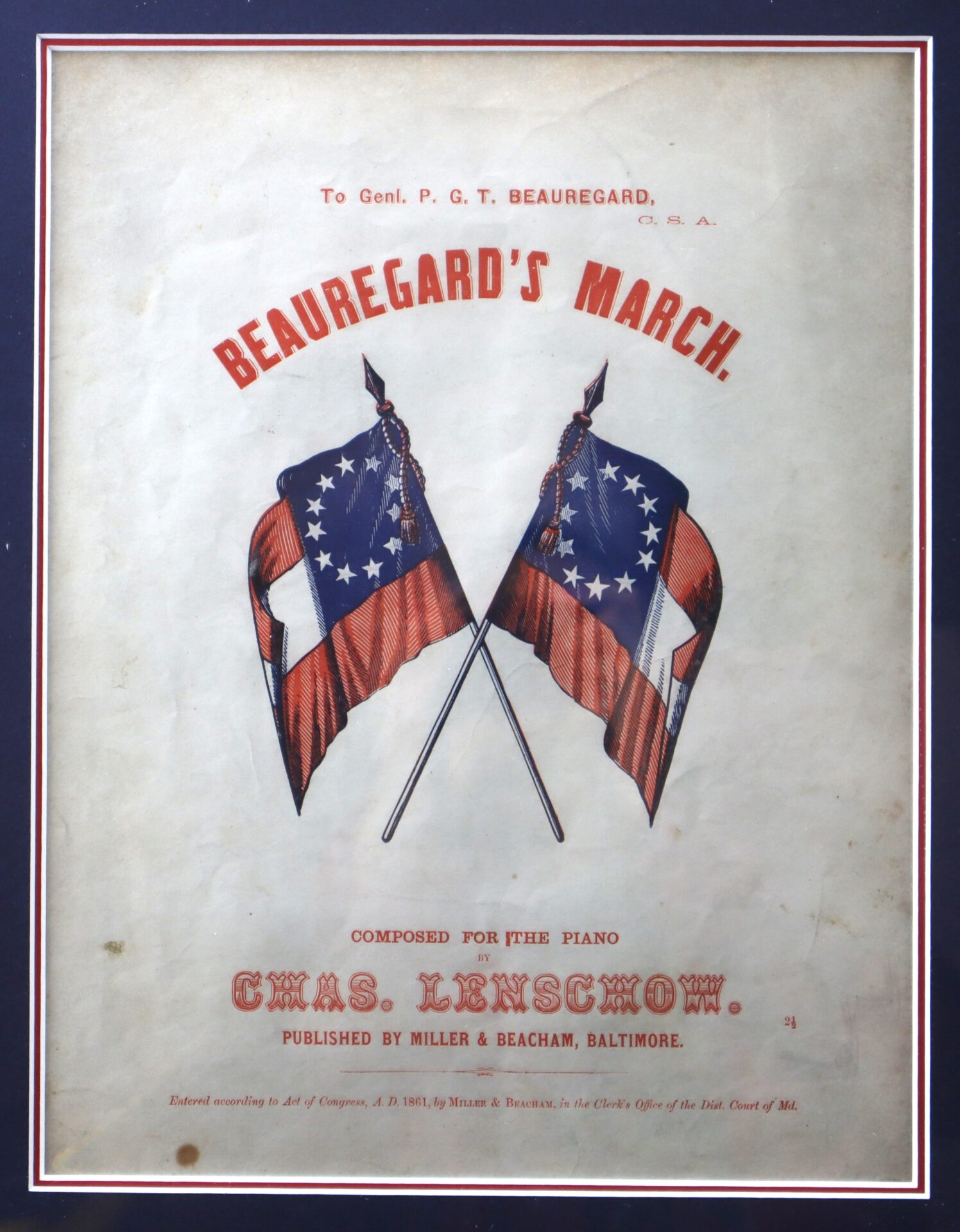 Sheet music cover titled "Beauregard's March" featuring two crossed Confederate flags, dedicated to Gen. P.G.T. Beauregard, published by Miller & Beacham, Baltimore.