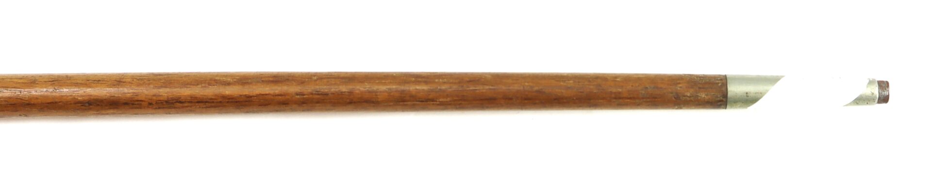A close-up of the tip of a wooden pool cue with a metal ferrule and a white wrap near the tip, on a white background.