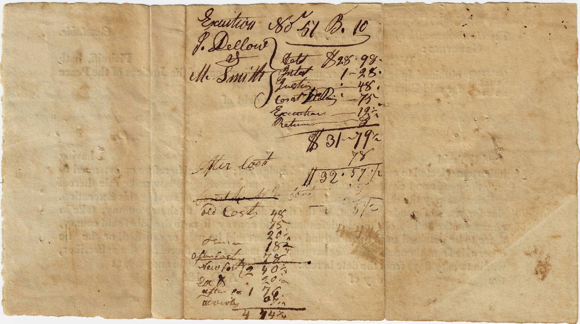 Aged paper with handwritten financial calculations, listing names, costs, and totals in ink, including several line items and monetary amounts.