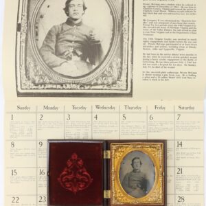 A calendar page for July features a black-and-white portrait of a Civil War soldier, with a matching framed photograph and a rifle illustration at the bottom.