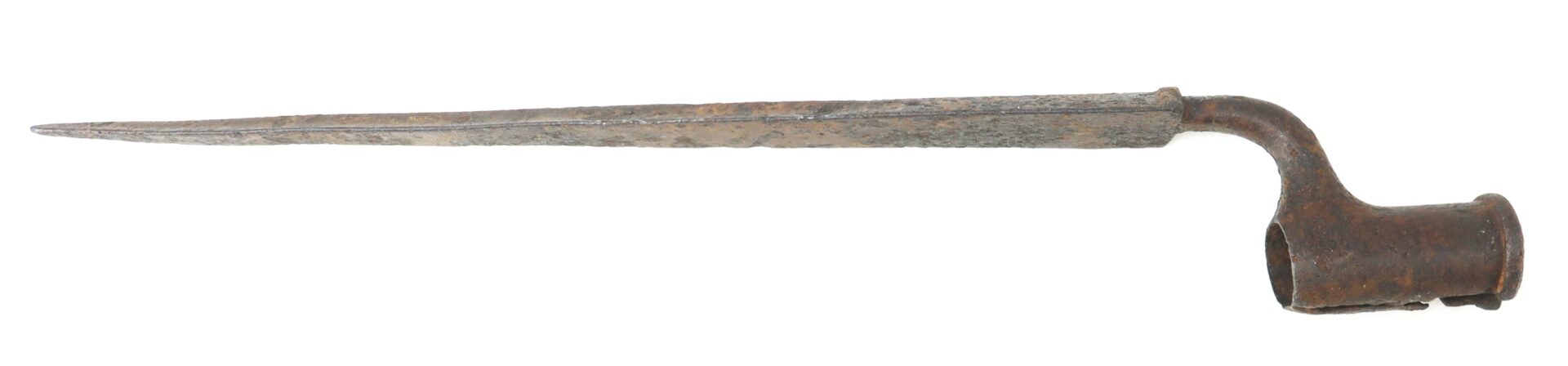 A rusted, old metal bayonet with a cylindrical socket and a long, tapered blade.
