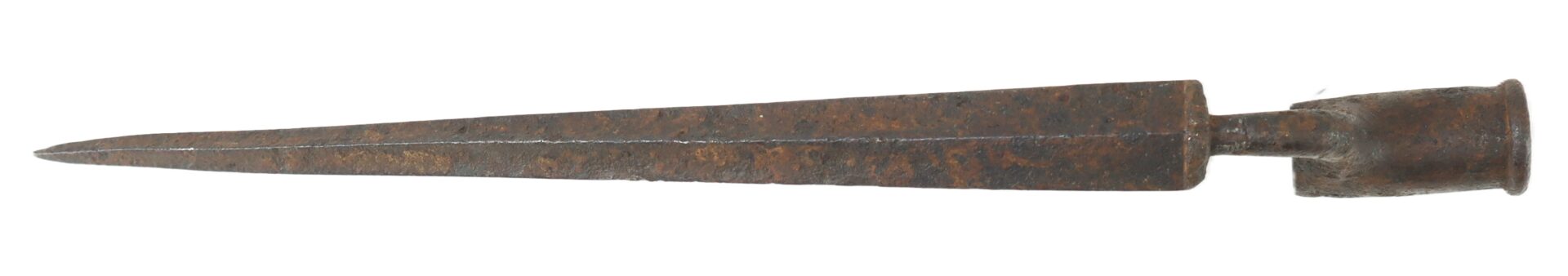 A rusty, pointed iron spearhead with a hollow base, isolated on a white background.