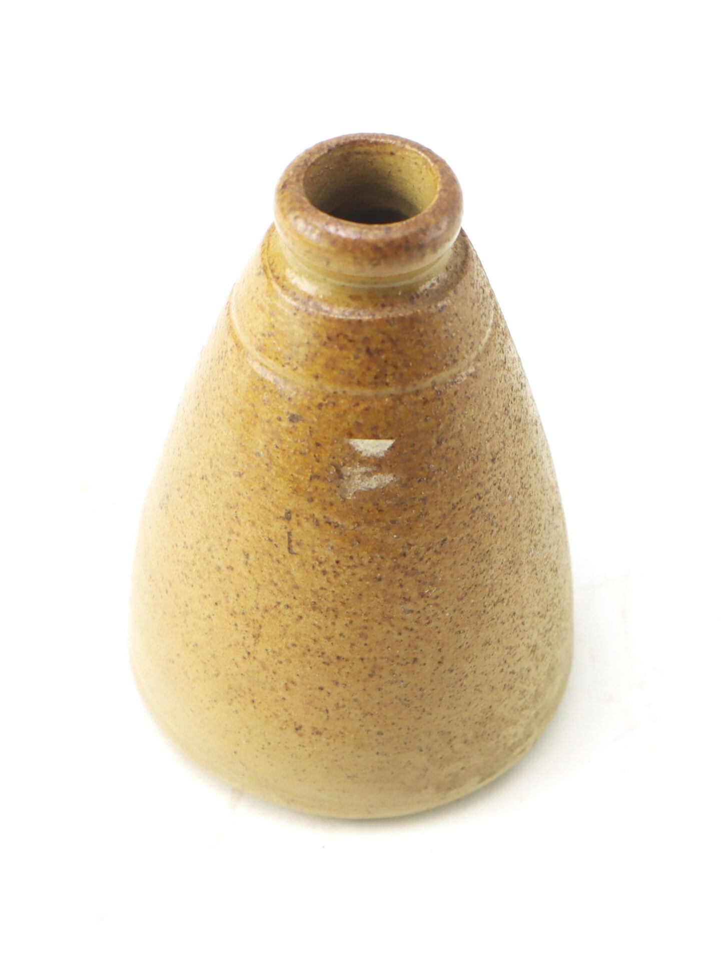 A small, brown, cone-shaped ceramic vase with a narrow opening, displayed on a white background.