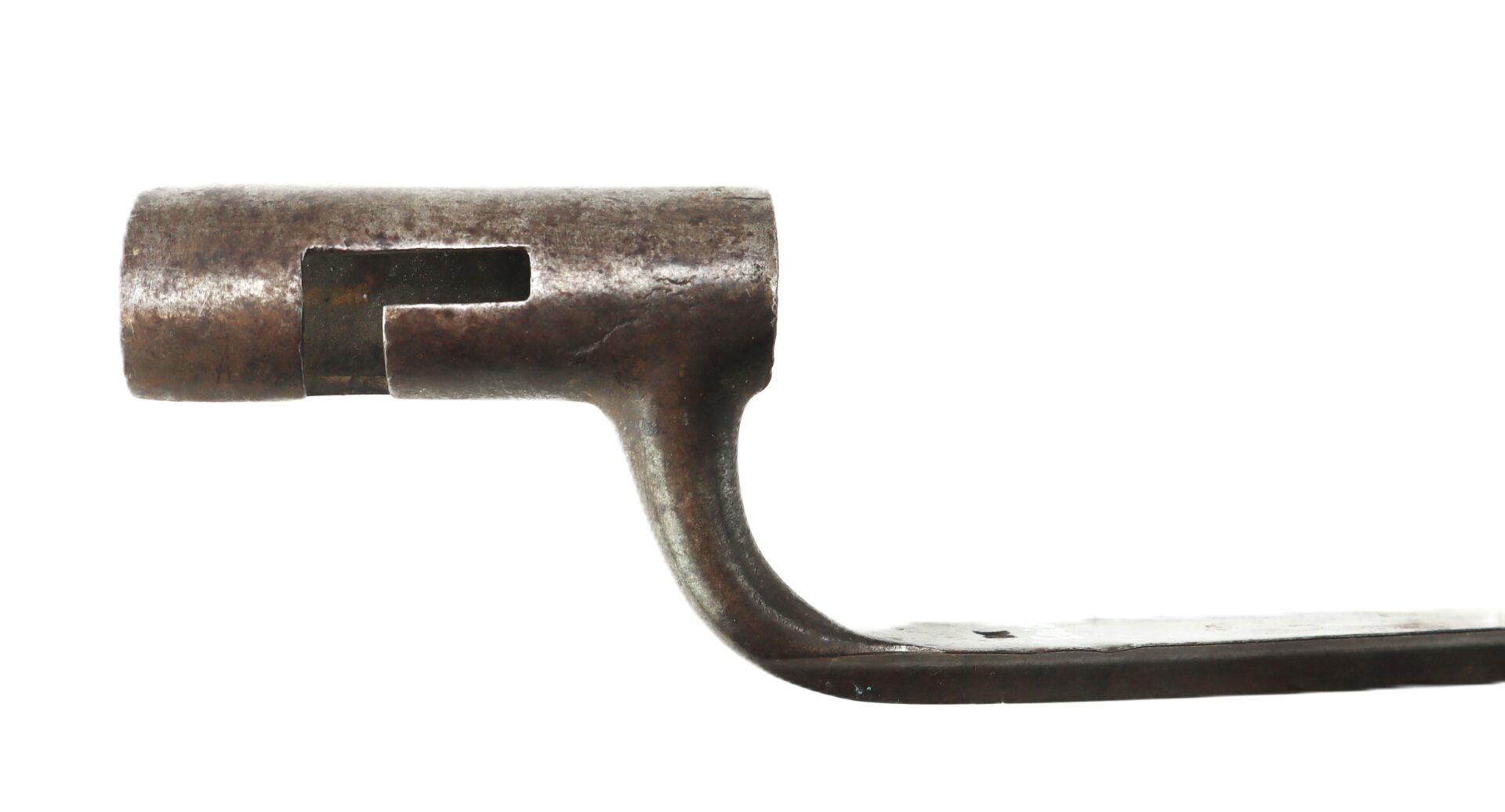 Close-up of an old, metal socket bayonet with a cylindrical socket and an L-shaped arm, isolated on a white background.